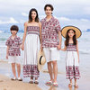 沙滩亲子装民族风几何，海边度假衬衫一家三口母女装连衣裙短袖套装