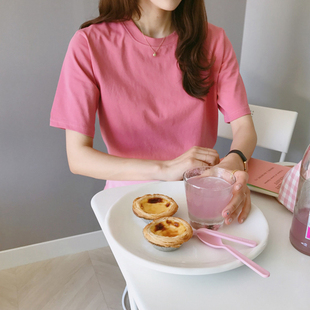 T207韩国女装24纯棉糖果色圆领套头短袖夏季女T恤打底衫显瘦