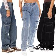 Womens Pants Black Denim Trousers Ripped Jeans 多袋牛仔裤女
