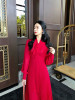 高定情迷，巴黎玫瑰红色雪纺连衣裙长袖蝴蝶结，百褶裙中长款