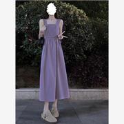 紫色连衣裙女夏季2024法式方领梨型身材，微胖mm多巴胺穿搭长裙