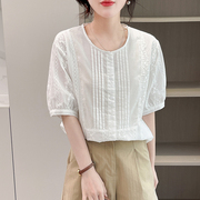 2023夏季女装韩版宽松短袖衬衫女立体绣花棉布衬衣白色娃娃衫