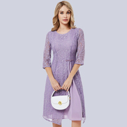紫色蕾丝网纱开叉雪纺改良旗袍春夏连衣裙，七分袖长裙气质礼裙气质