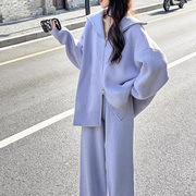 韩版小个子运动服套装女秋冬时尚简约拉链针织毛衣开衫休闲两件套