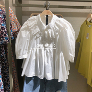 UR&BM2024春夏法式气质蕾丝边娃娃领白色衬衫短袖上衣女ins