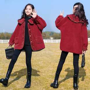 女童外套秋冬款2023韩范童装拜年服小女孩红色加绒羊羔毛大衣