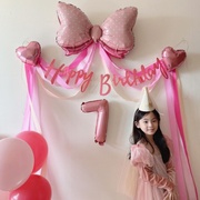 嫩粉色数字小气球纸拉花，彩带线背景墙布置生日，气球装饰女宝装扮