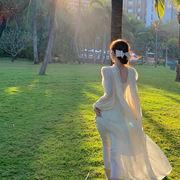 byyou夏季气质高级感茶歇法式泡泡袖奶白色连衣裙长款收腰仙女裙