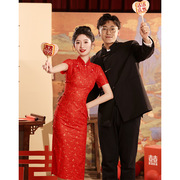 新娘红色中式订婚礼服连衣裙回门便装，结婚高级感改良女旗袍敬酒服