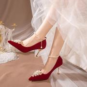 2022年红色婚鞋女秀禾服婚纱两穿细高跟新娘鞋孕妇敬酒礼服鞋