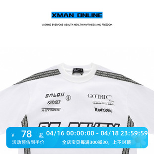 Xman国潮牌美式街头蕾丝织带短袖T恤男女情侣宽松运动赛车服半袖
