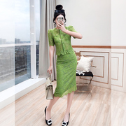 小香风夏装套装女装2024绿色包臀裙子两件套韩剧女主穿搭套装