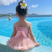 儿童泳衣女童韩版连体公主裙式后背翅膀游泳衣女孩泡温泉泳装超仙