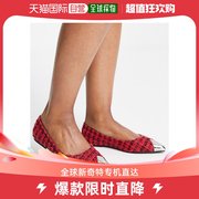 香港直邮潮奢asos女士，lexy设计宽版金属，结头红色花呢芭蕾舞鞋