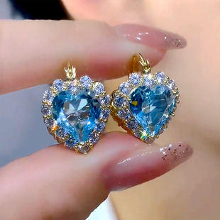 蓝水晶超闪爱心锆石耳环，海洋之心双面，高档耳扣奢华高级感耳钉百搭