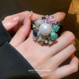 珠宝设计唯美超大16mm深海贝珠，开口戒指女花朵镶钻仿珍珠食指环女