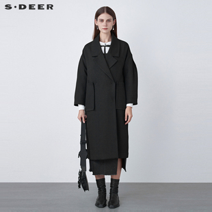 sdeer圣迪奥女装，西装领大口袋，茧型长款风衣大衣s22161803
