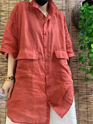 棉麻衬衣女夏季中长上衣红色，大口袋苎麻，大码宽松休闲防晒百搭衬衫