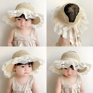儿童草帽宝宝帽子女孩，遮阳防晒空顶帽可爱蕾丝蝴蝶结，大帽檐凉帽潮