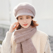 兔毛线帽女秋冬季妈妈款短檐，帽子围巾两件套保暖时尚洋气中老年人