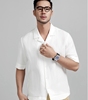 夏季高级亚麻古巴领短袖衬衫，男商务休闲男士，透气清凉中式白色衬衣