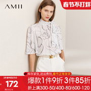 amii2022秋季雪纺衫女洋气时尚，印花飘带短袖衬衫花瓣袖上衣