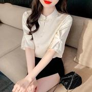 新中式国风短袖衬衫女夏季2024高级感气质复古立领t恤女上衣