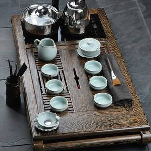 高端 功夫茶具套装四合一鸡翅木茶盘陶瓷整套实木长方形蓄水