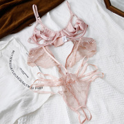 蝴蝶结绑带镂空粉色性感吊带，蕾丝内衣连体衣，文胸套装薄款