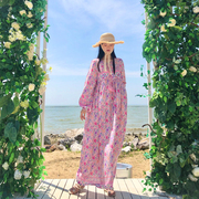 大码女装度假长袖连衣裙棉沙滩海边粉色海滩长裙花色连身裙