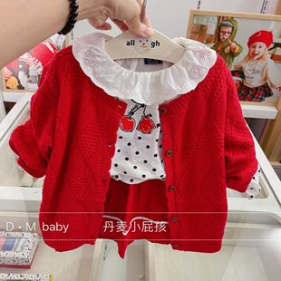 韩国中小童装 21春女童宝宝翻领波点长袖T恤半身裙韩版套装H5
