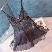 黑色蕾丝吊带睡裙性感低胸，深v睡衣女全透明超薄款网纱吊带无钢圈