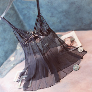 黑色蕾丝吊带睡裙性感低胸深v睡衣女全透明超薄款网纱吊带无钢圈