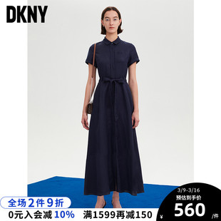 DKNY/唐可娜儿亚麻透气LOGO刺绣大裙摆短袖系腰带连衣裙气质显瘦
