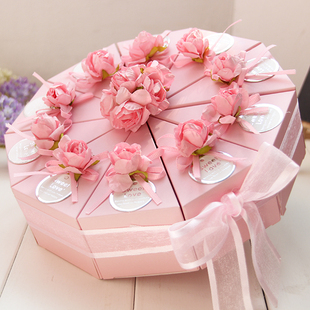 韩式粉色三角蛋糕喜糖盒，创意结婚礼盒糖盒个性，成品定制糖果纸盒子