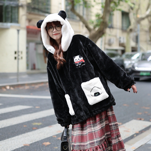 艺野系学院可爱小熊猫黑色连帽羊羔毛外套女冬小个子森系加厚棉服