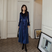 蓝色新年礼服日常可穿鱼尾长裙1638蕾丝高端长款加厚金丝绒连衣裙