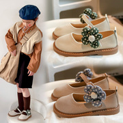 儿童单鞋2024年春时尚洋气，飞织女童皮鞋软底，花朵防滑透气网鞋