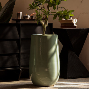 绿植中式大口径花盆现代简约花瓶，阳台高级感绿色开片陶瓷水培陶罐