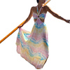 2024夏季新吊带(新吊带，)双色连衣裙波西米亚礼服，亚马逊印花v领无袖连衣裙