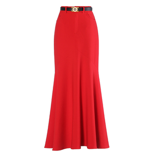 优雅垂坠感加长款鱼尾裙，2023秋冬包臀裙红色显身材半身裙冬季裙子