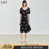 LILY2024夏女装复古泡泡袖时尚印花气质方领高腰连衣裙小黑裙