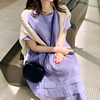 L56韩国女装复古亚麻圆领短袖夏女连衣裙宽松腰紫罗兰多巴胺
