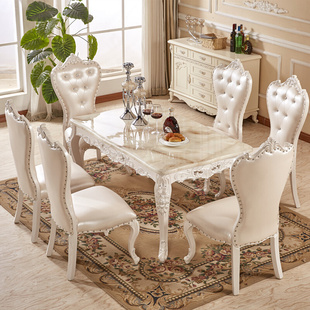 欧式餐桌椅组合大理石长方形实木餐桌椅子白色约家用小户型饭桌