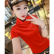 欧洲站韩版春装高领半袖女红色金丝绒上衣紧身打底衫欧货小衫
