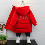 男童冬季中长款加厚棉衣2023红色，中国宝宝儿童羽绒棉保暖外套