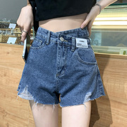 破洞牛仔短裤女2024年夏季复古高腰显瘦设计感a字阔腿热裤子