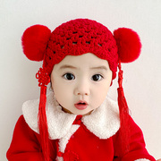 喜庆红色婴儿帽子女宝宝，毛球流苏套头帽，韩版洋气小公主儿童毛线帽