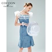 【七七酱】missCOCOON 法式蕾丝网纱泡泡袖荷叶裙摆连衣裙