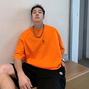 橙色小领口T恤男ins潮牌美式重磅短袖oversize宽松五分袖半袖夏季